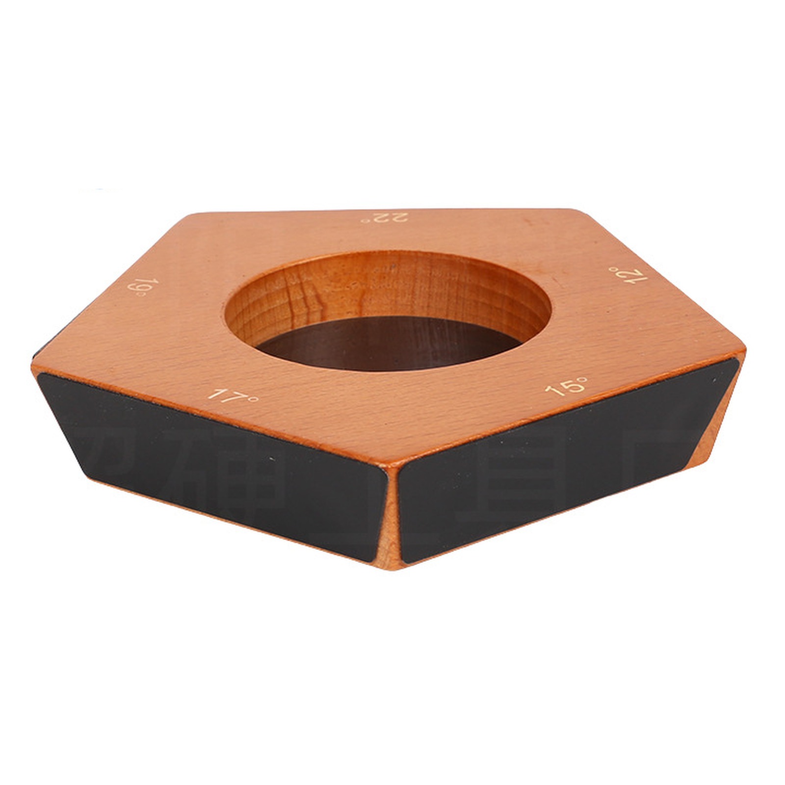 Pentagonal wood magnetic guide with five labeled angle positions and black side panels